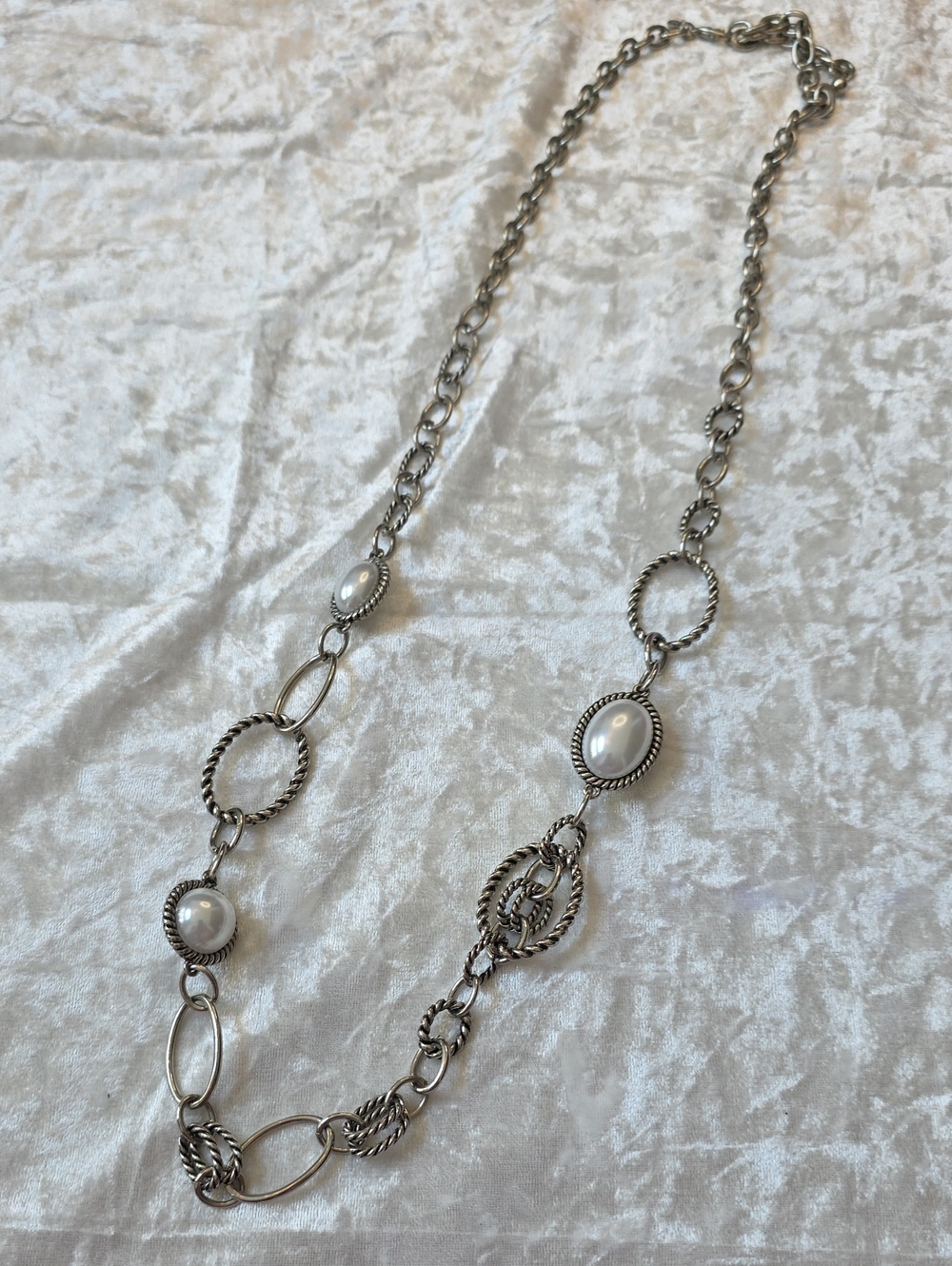 Premier Designs Silver-Tone Faux Pearl Cabachon Link Grannycore Necklace